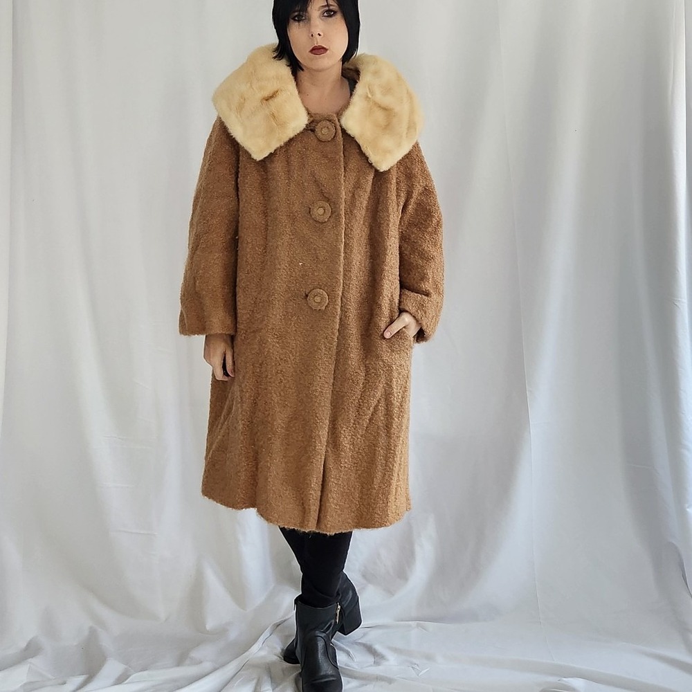 50s/60s Boucle Wool Swing Coat with Mink Colllar